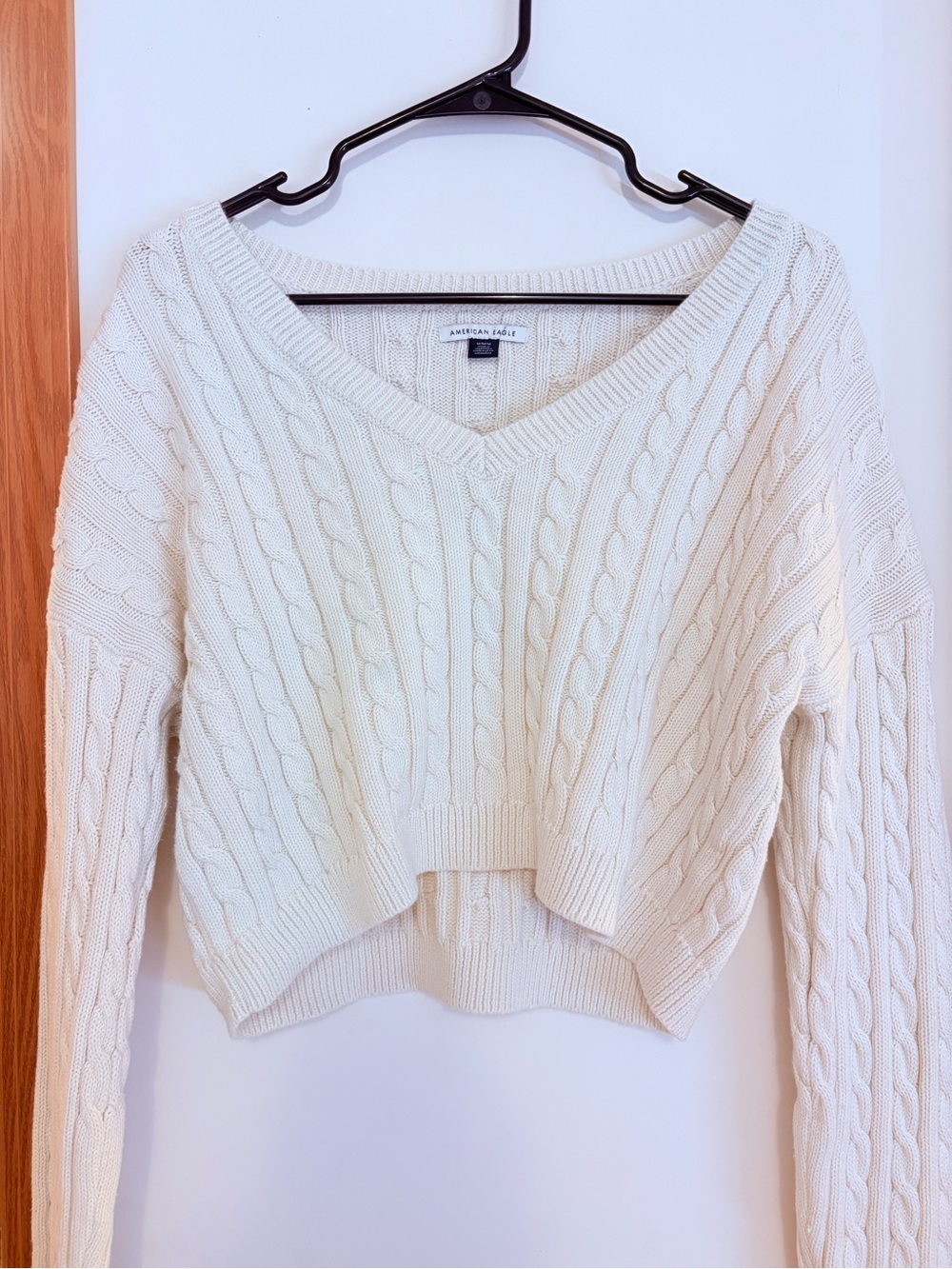 American Eagle Outfitters Cream Cable-Knit Cropped V-Neck Sweater